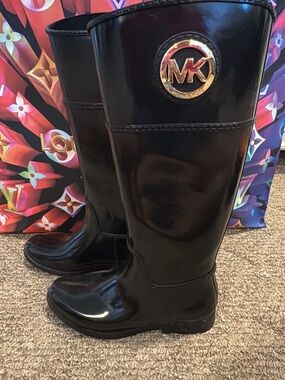 Michael Kors Black Glossy MK Logo Rain Boots